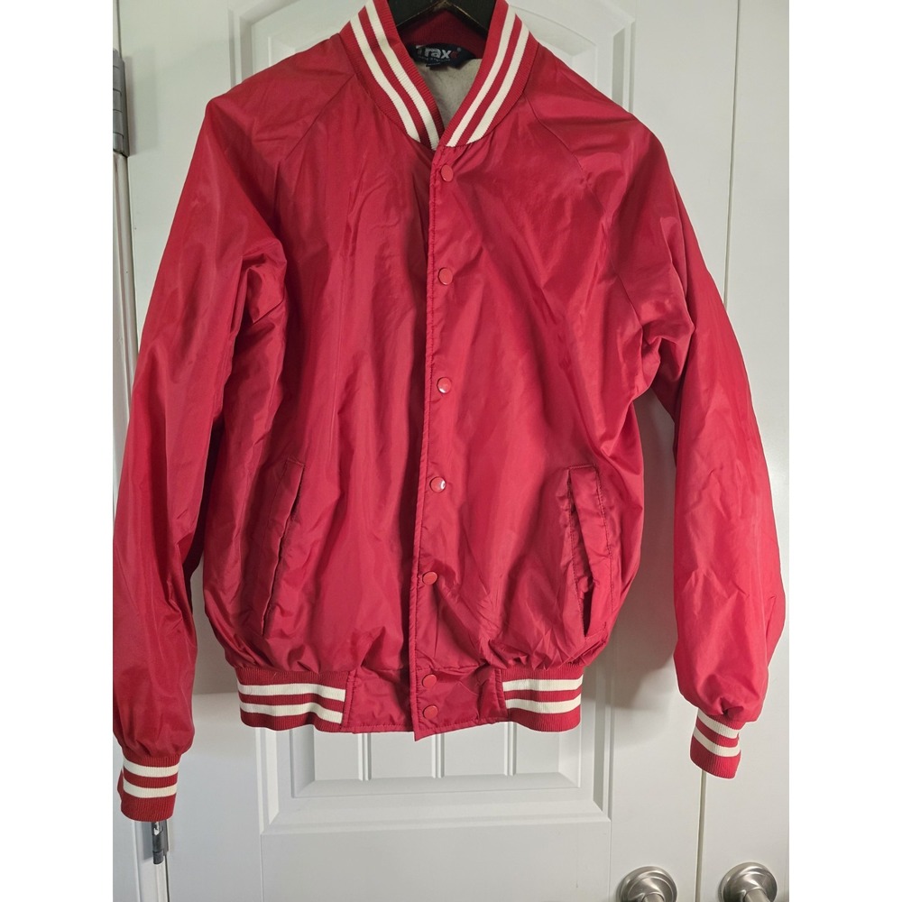 Trax Vintage Red Nylon Varsity Bomber Jacket Mens Medium Snap Front Lightweight‎
